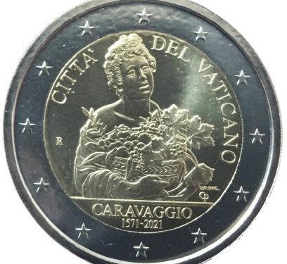G.U. Unione Europea 2021/C 480/08 del 29 novembre: faccia nazionale della nuova moneta commemorativa da 2 euro 2021 emessa dal Vaticano “450° anniv. nascita Caravaggio”