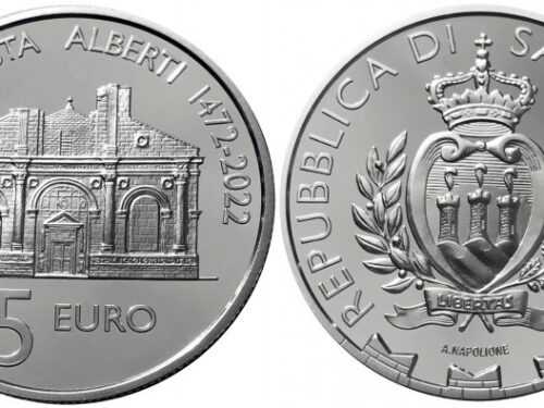 UFN San Marino – Moneta €5,00 Argento PROOF “550° anniversario della scomparsa di Leon Battista Alberti”