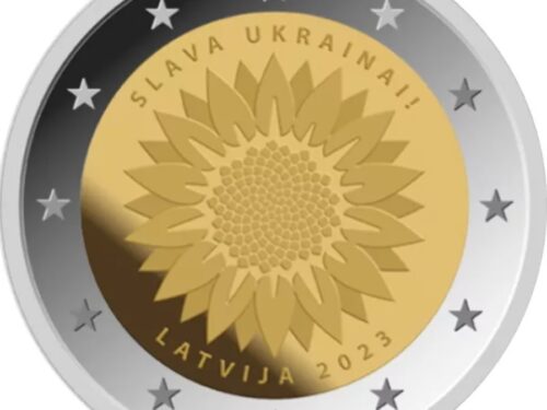 G.U. Unione Europea C/2023/1621 del 22 dicembre: faccia nazionale della nuova moneta commemorativa da 2 euro 2023 emessa dalla Lettonia “Girasole per l’Ucraina”